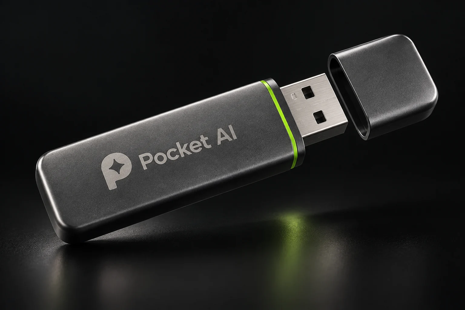 Pocket AI product concept: a graphite USB drive engraved with the spark logo and a lime accent